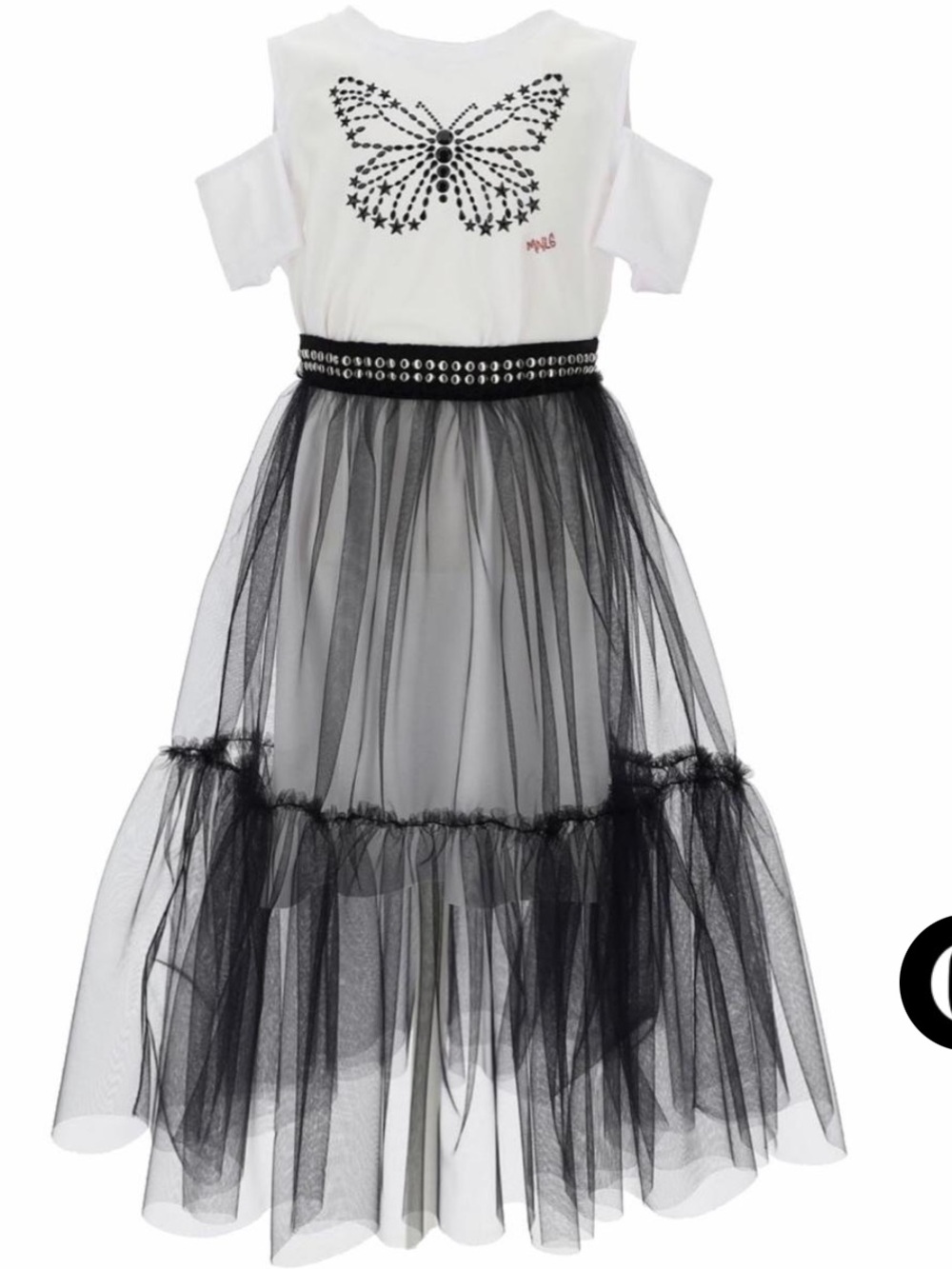 MonnaLisa White Long Top with Black Studded Butterfly and Black Tulle Skirt